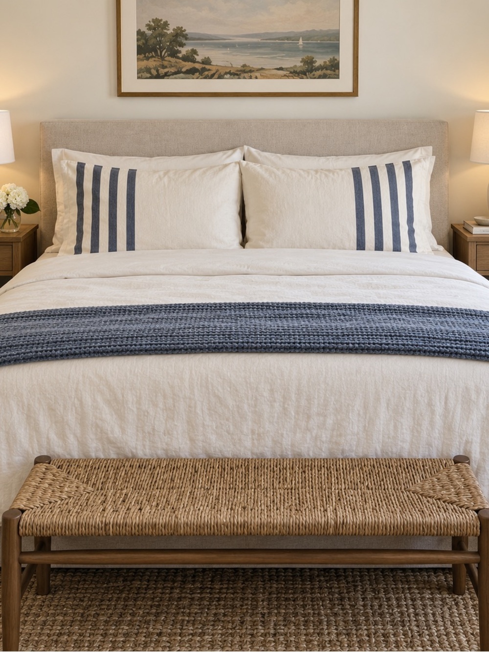 West Elm Ivory and Blue Striped King Size Pillow Cases